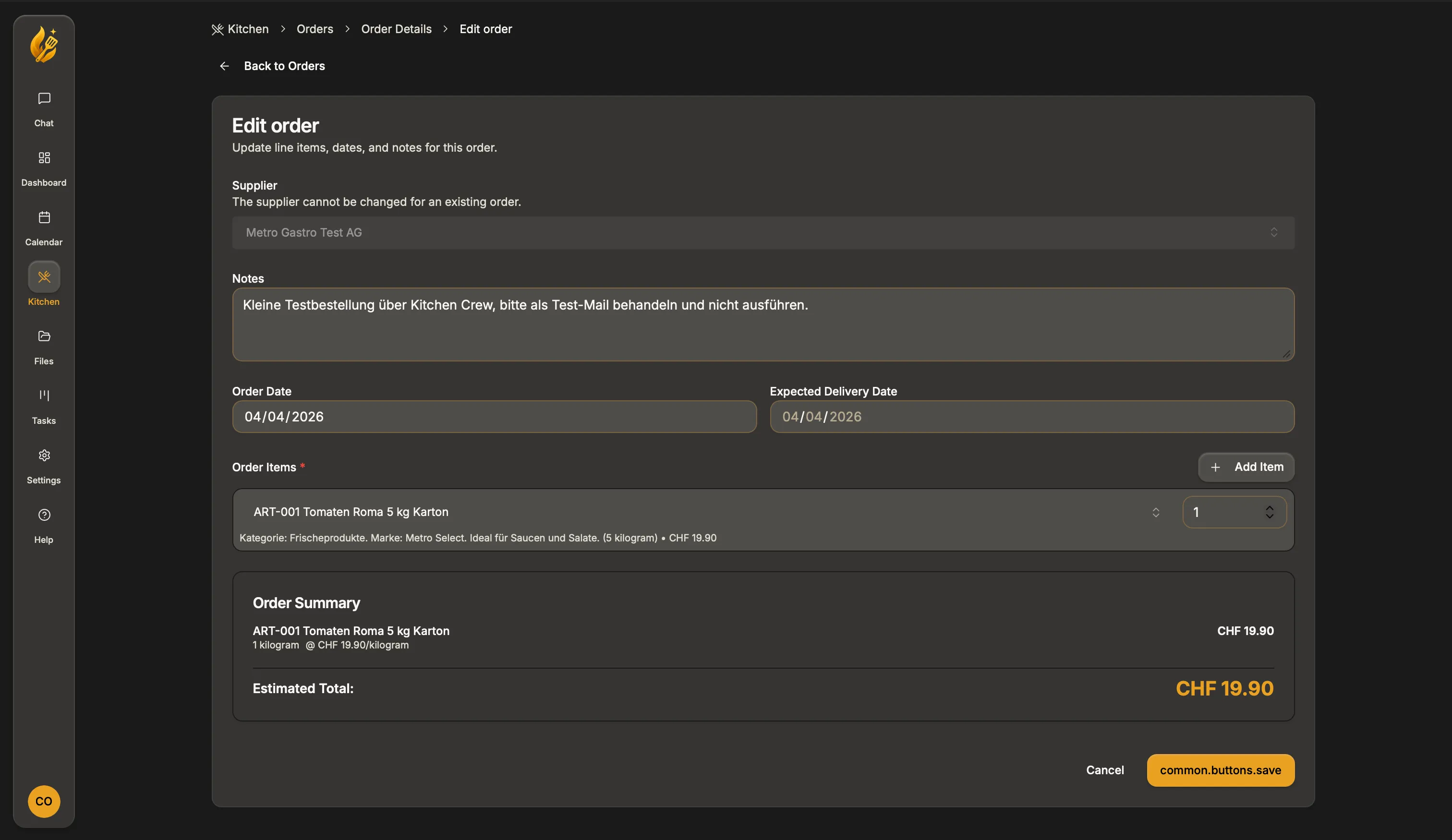 KitchenCrew edit-order screen for reviewing line items, notes, and delivery details before sending.