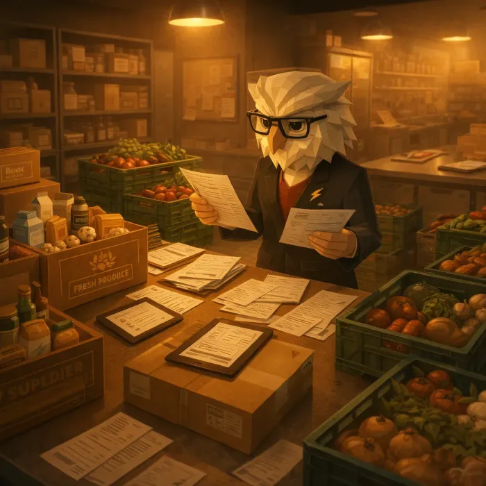 Restaurant inventory manager reviewing supplier orders and discounts across multiple vendors
