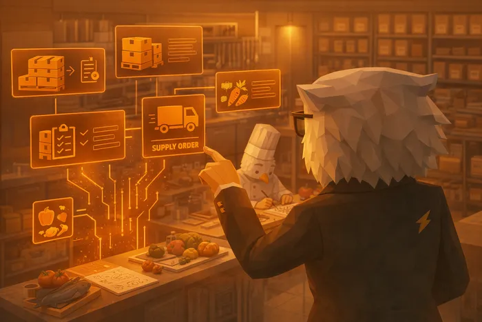 Chef plant ruhig Gerichte während digitale Inventarsoftware Bestände organisiert