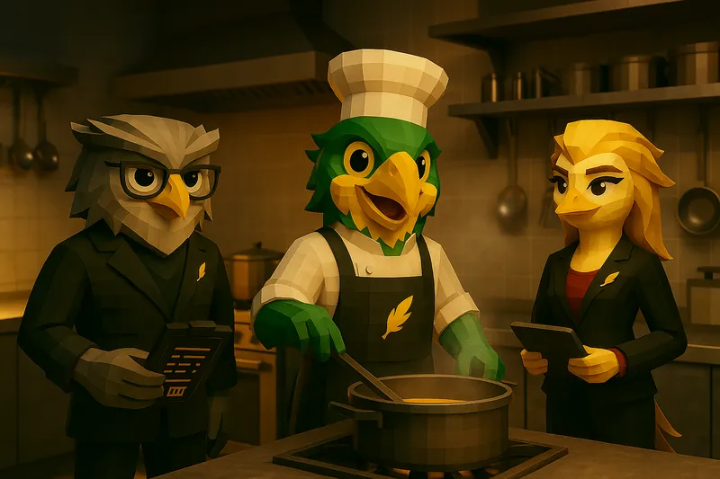 Illustration der Kitchen Crew: stilisierte Vogelfiguren als Küchenleitung, Koch am Herd und Koordinatorin mit Tablet in einer Profiküche.