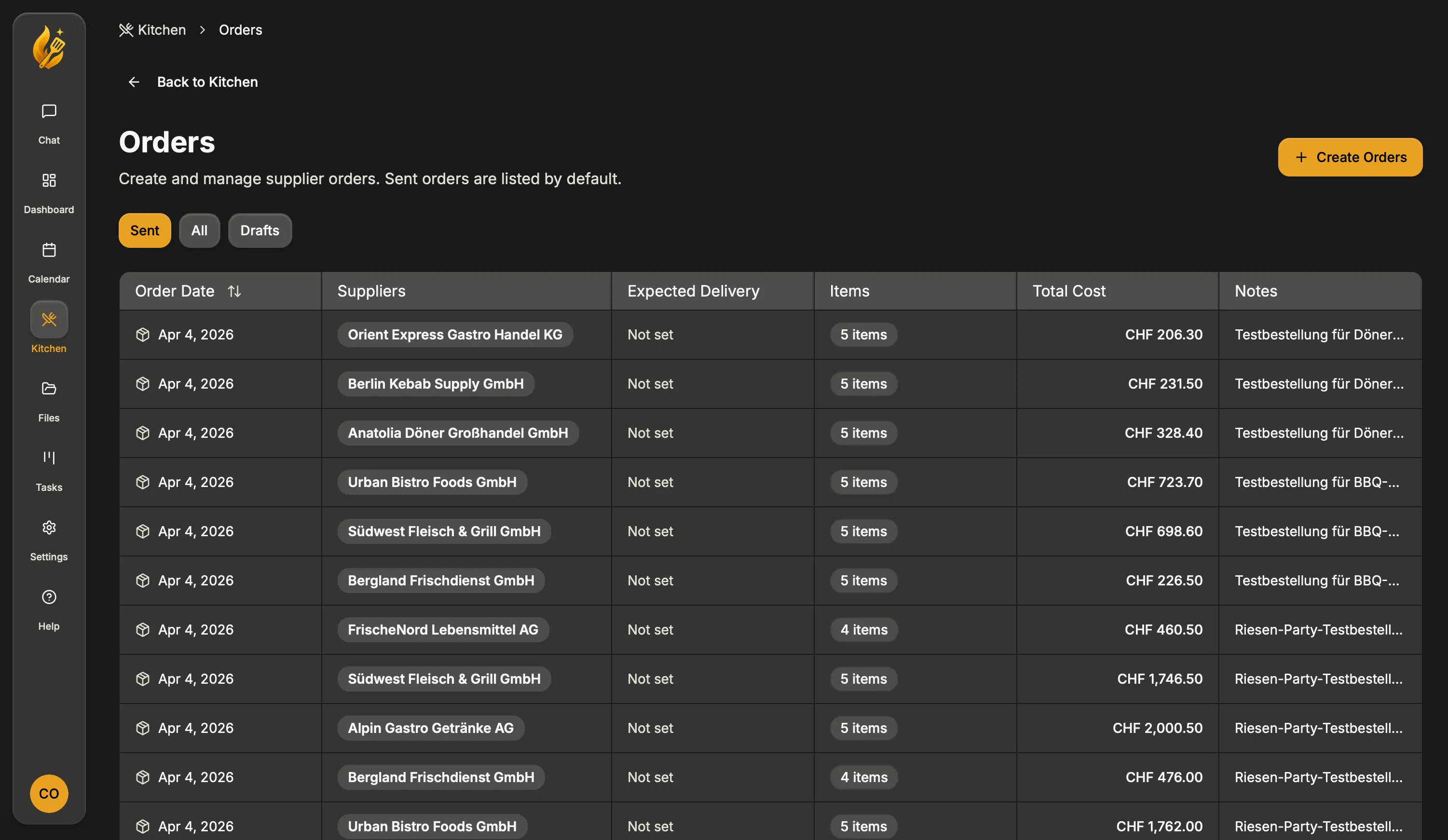 KitchenCrew orders workspace listing drafted and sent supplier orders.