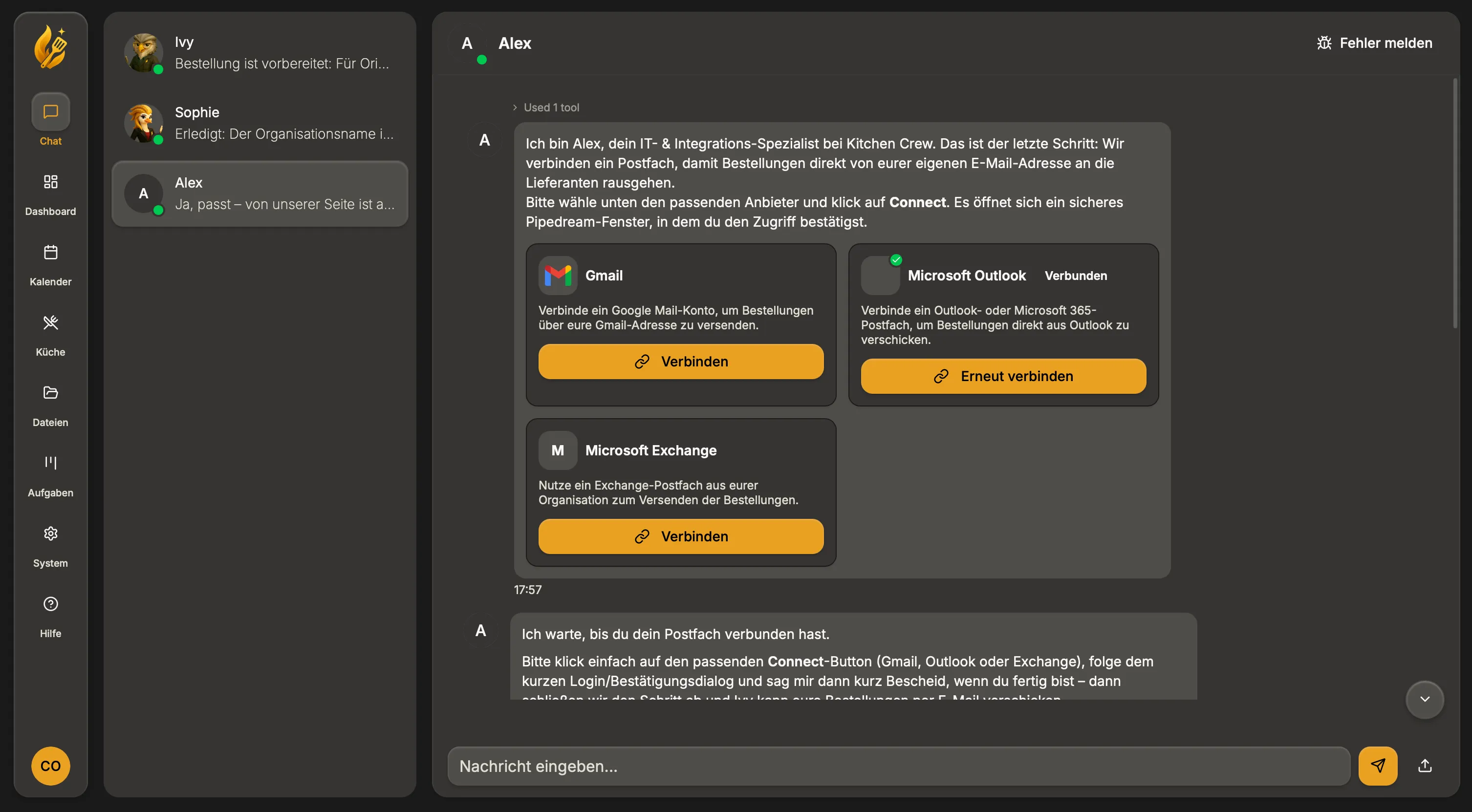 KitchenCrew-Mail-Setup mit Gmail, Outlook und Exchange als Verbindungsoptionen.