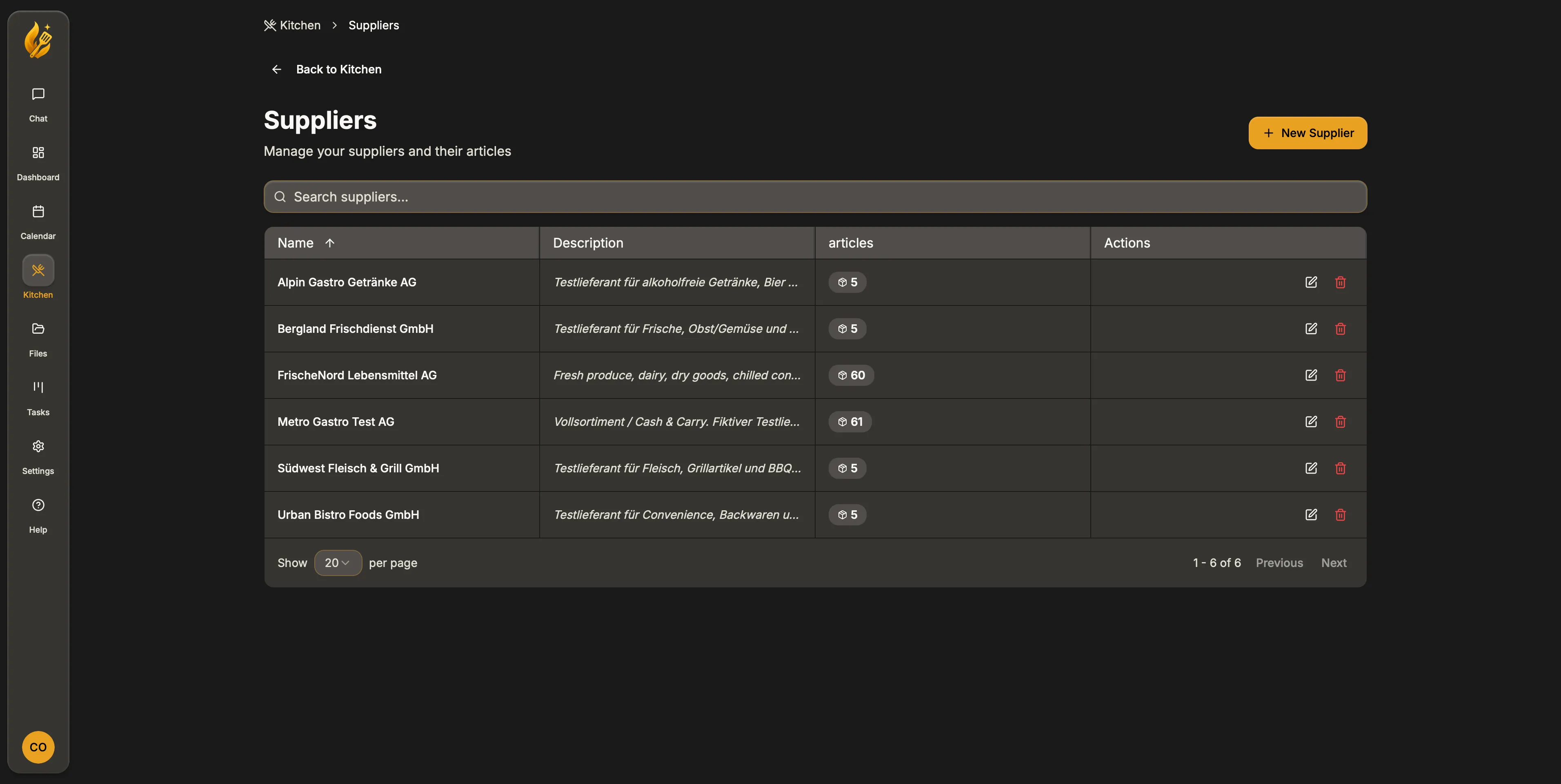 KitchenCrew supplier management view listing imported suppliers and article counts.