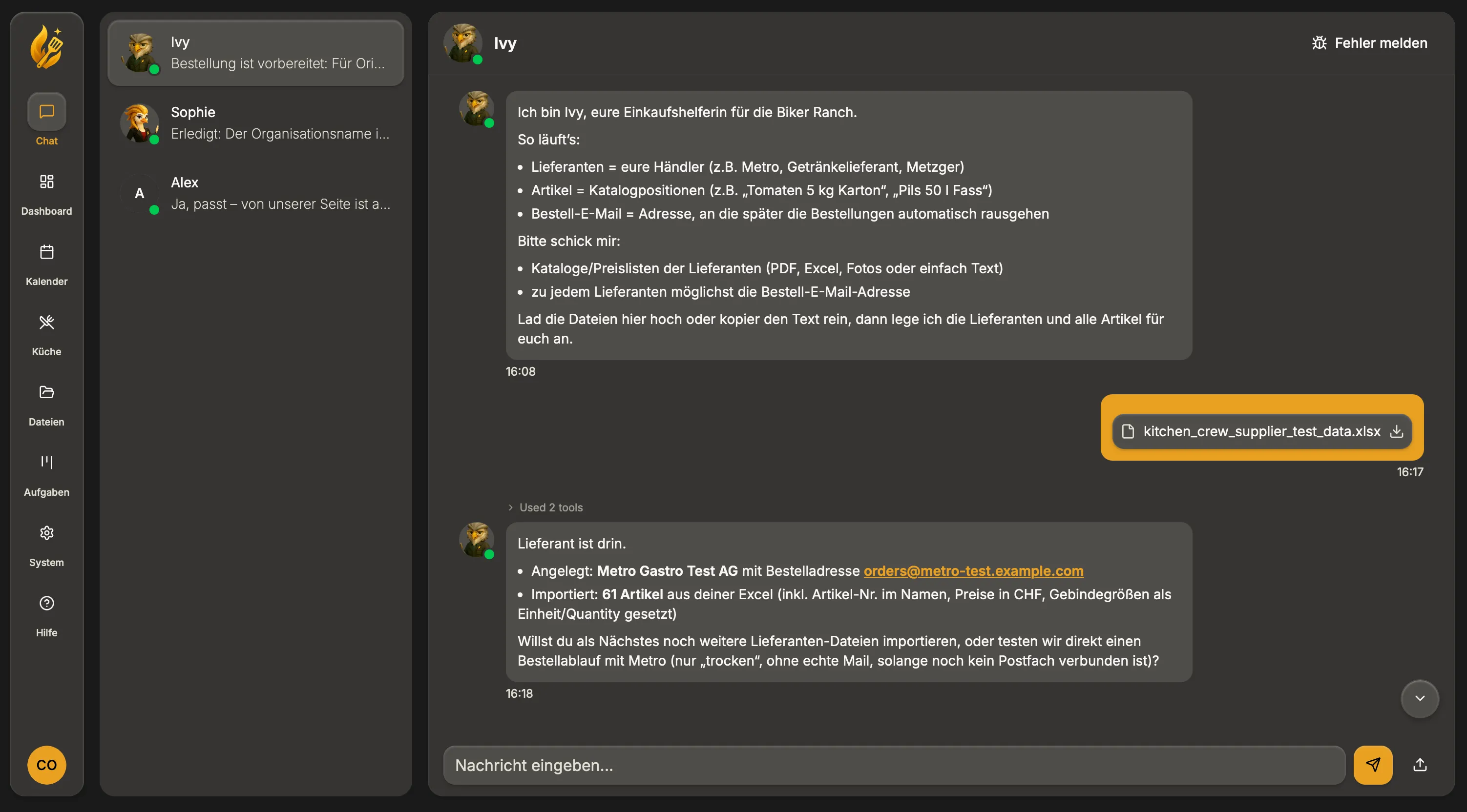 KitchenCrew-Chat beim Import einer Lieferantendatei.